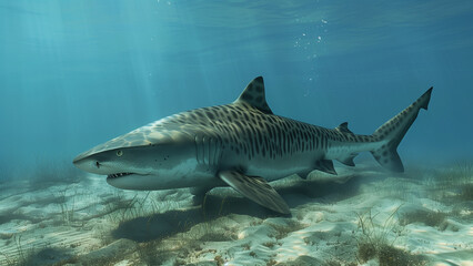 Fototapeta premium Serene and Formidable Tiger Shark in Subtle Light