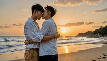 Romantic happy Asian young gay couple embracing on the beach on the sunset background. LGBTQ . Diverse love. Love is love. High quality photo. AI generated 