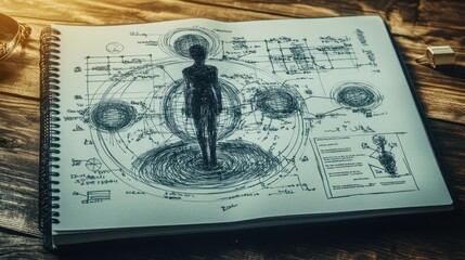 Conceptual design of a human figure surrounded by abstract diagrams and sketches representing exploration and knowledge.