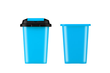 Blue trash can. With and without a lid. Side view. Isolated on white background. Garbage r