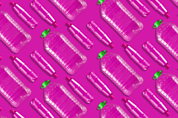 Lot of plastic bottles on a pink background. Products, packaging, storage,