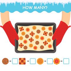 Educational game for children. How many? Christmas cookies. Print sheet. Teaching counting to preschool children. Vector illustration