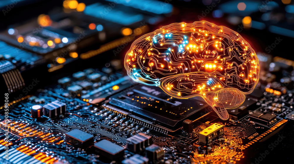 Poster a futuristic depiction of a brain composed of circuitry, symbolizing the intersection of technology 