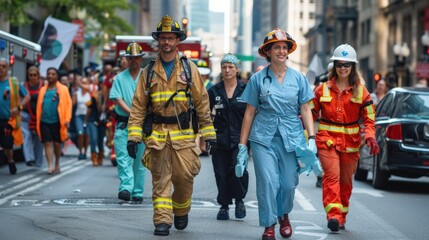 Obraz premium Labor Day parade featuring people in professional attire representing their careers, walking proudly down a city street.