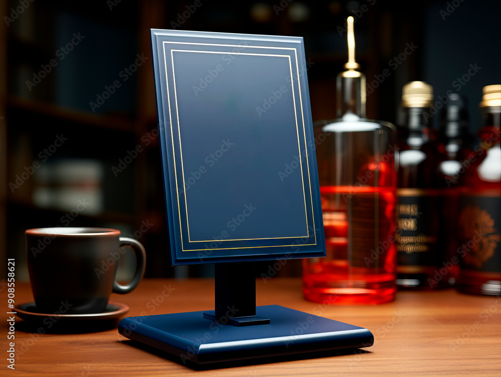 Poster empty menu board mockup on a bar counter with copy space, photorealistic style, on a dark wooden bac