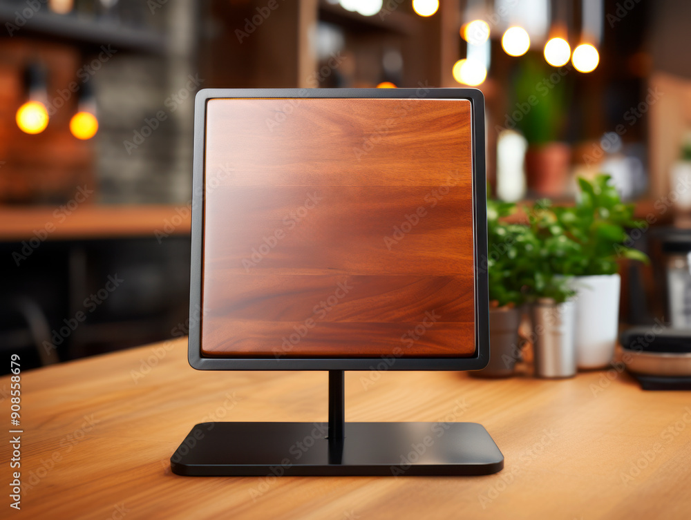 Poster empty signboard with a wooden texture on a stand, in a cafe setting, concept of branding mockup. gen