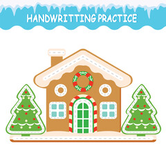 Fototapeta premium Game for children. Handwriting practice. Trace the lines of the cute Gingerbread house. Printable sheet. Vector illustration