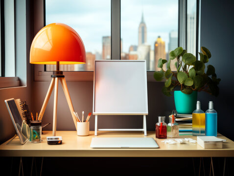 Designer workspace with mockup canvas, lamp, plant, and art supplies, a cozy interior, concept of creative work environment. Generative AI