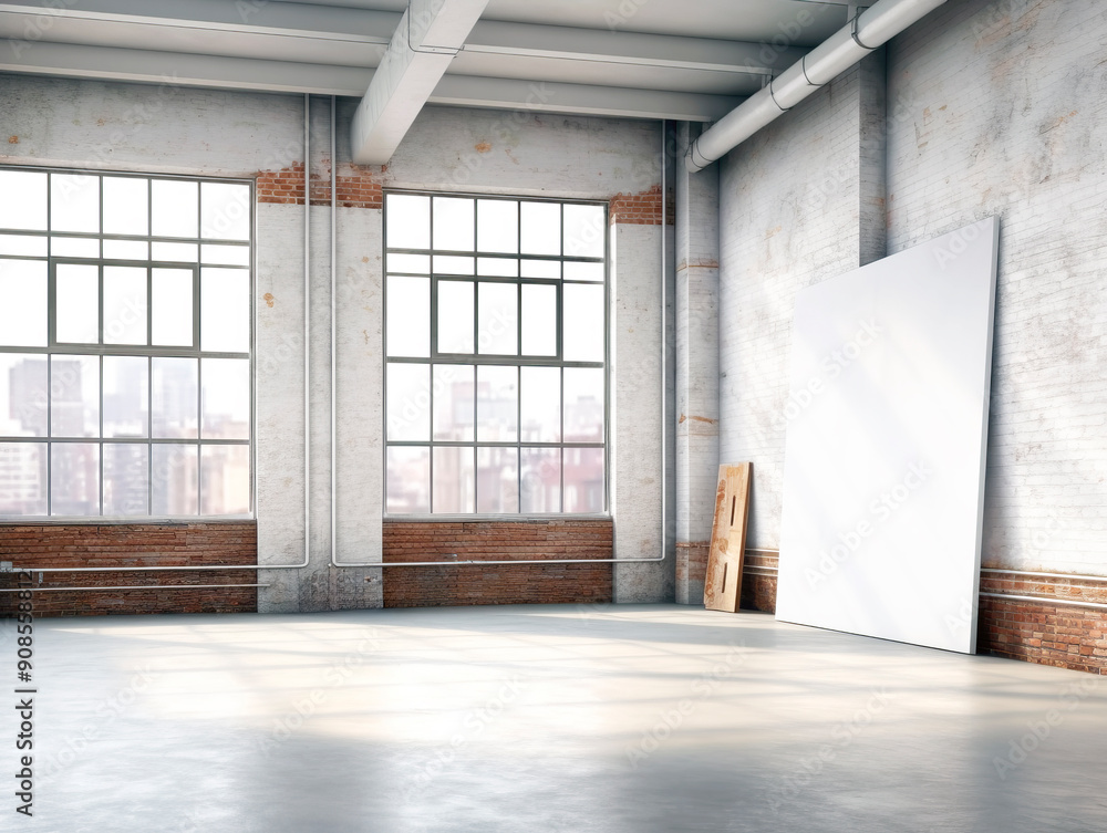 Poster spacious loft with white brick walls featuring a blank canvas for mockups, bright daylight, concept 