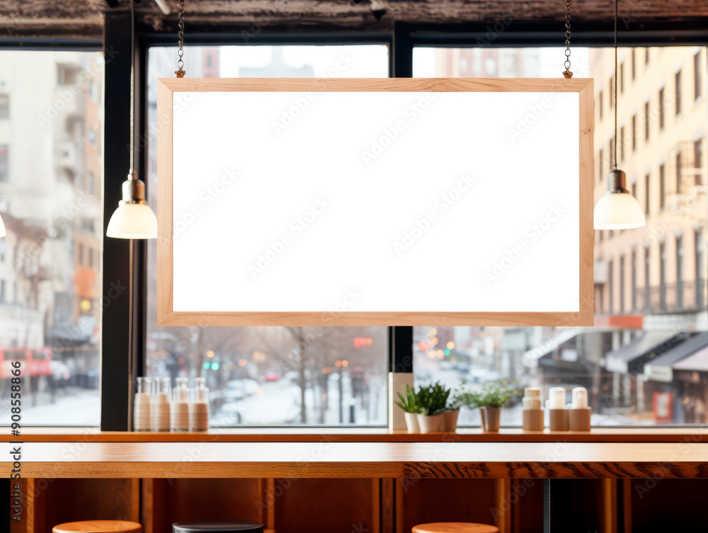Poster hanging blank banner in a cafe interior for branding, on a wooden frame with a city view in the back