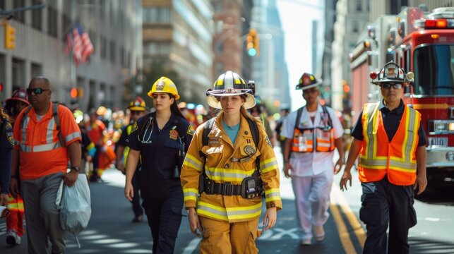 Labor Day parade featuring people in professional attire representing their careers, walking proudly down a city street.
