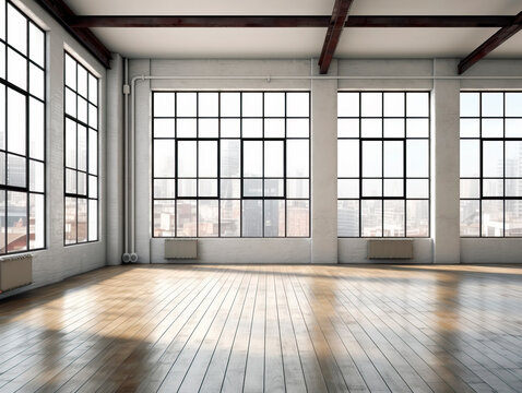 An empty loft room with large windows, wooden floor, and urban view, light. Generative AI