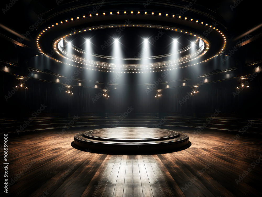 Poster an empty stage with spotlights, dark wood floor, and an illuminated circular ceiling, showcasing a p
