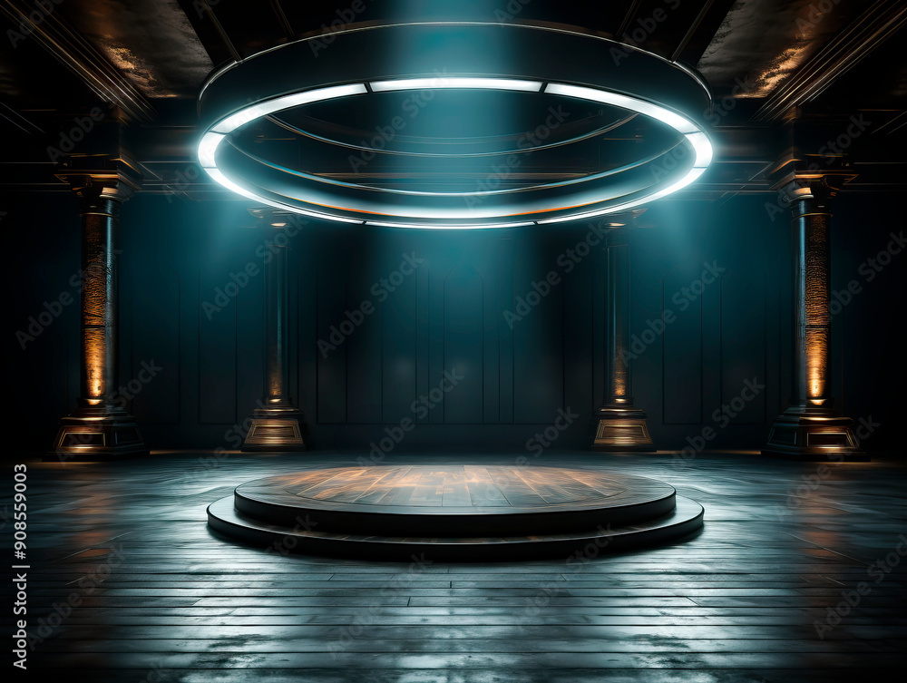 Poster A futuristic circular stage with glowing lights in a dark room, surrounded by classical columns. Generative AI