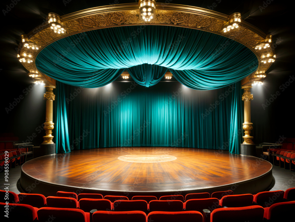 Poster An empty theater stage with curtains, illuminated by spotlights on a dark background, exemplifying a performance concept. Generative AI
