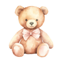 Adorable watercolor teddy bear illustration with a pink bow, perfect for nursery decor and children's designs.