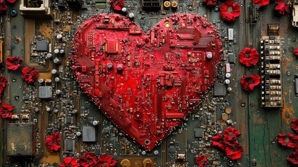 A vibrant heart made of electronics, surrounded by red roses, symbolizing the fusion of technology and love.