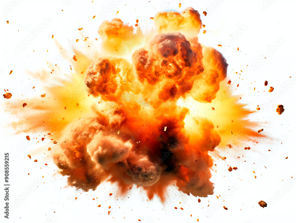 Poster an explosive fireball with debris against a white background, depicting the concept of destruction. 