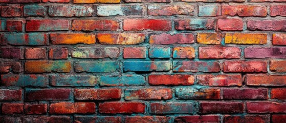 Fototapeta premium Ultrawide Texture Of Brickwall With Abstract Colorful Street Art Graffity