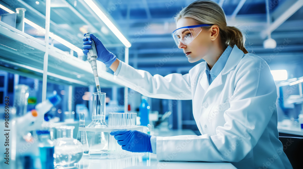 Poster scientist working in a lab, dispensing liquid into a flask, illuminated blue and white background, c