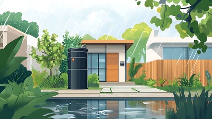 Illustration of Rainwater Harvesting System in Modern House with Lush Garden, Eco-Friendly Neighborhood