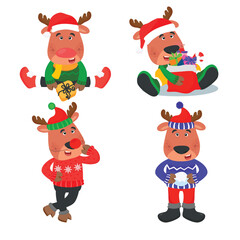 Vector illustration of isolated Christmas cute deer on white background, clipart, design, decoration, poster, banner, applique, sticker