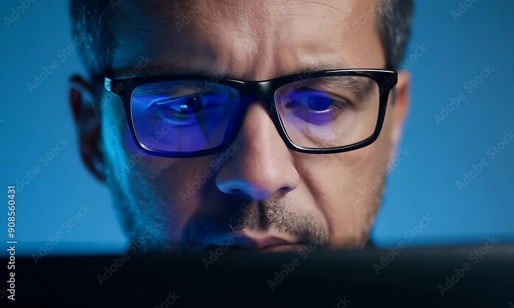 Poster an individual in glasses intently works on a computer in a dimly lit environment