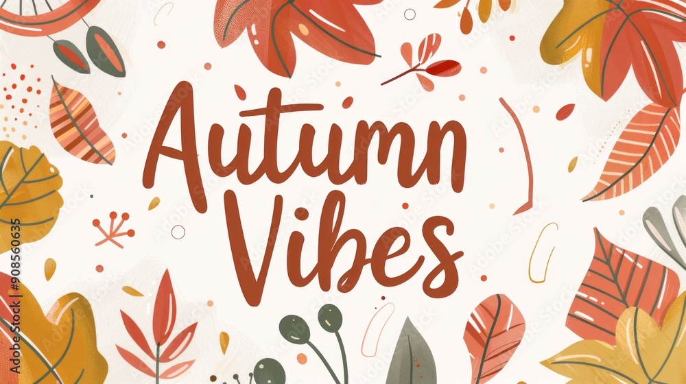 Poster a colorful autumn leaf design with the words autumn vibes written in cursive
