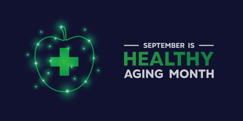 Healthy Aging Month. Apple, plus icon and lights. Suitable for cards, banners, posters, social media and more. Dark blue background.

