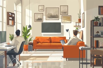 Fototapeta premium Two Men Relaxing in a Modern Apartment