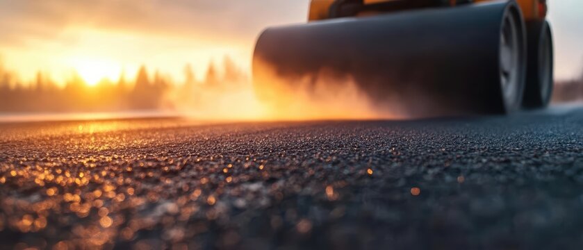 Close-up of a roller compactor working on a new asphalt road during sunset.