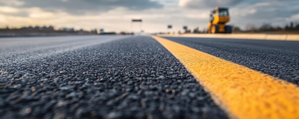 Close-up of a freshly paved asphalt road with a yellow line.