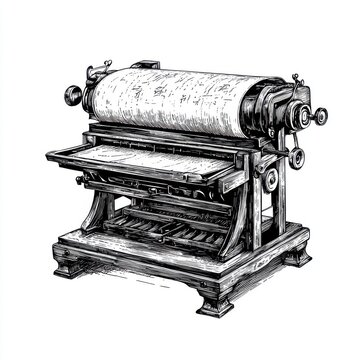 recommend clip art: Black and white Vintage engraved art of a printer isolated on white background, ink sketch illustration, simple vector art design, highly detailed line art, high contrasty