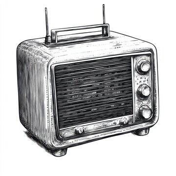 recommend clip art: Black and white Vintage engraved art of a radio isolated on white background, ink sketch illustration, simple vector art design, highly detailed line art, high contrasty