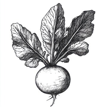 recommend clip art: Black and white Vintage engraved art of a radish isolated on white background, ink sketch illustration, simple vector art design, highly detailed line art, high contrasty