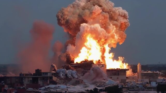 A dramatic explosion consumes a building in flames, capturing chaos with cinematic techniques and high energy motion