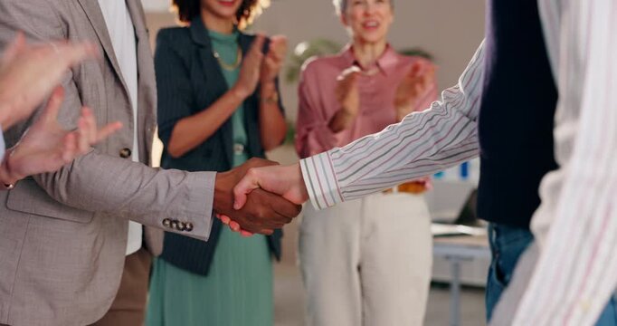 Happy business people, handshake and applause in hiring, meeting or b2b together at office. Group of employees shaking hands, clapping and celebration for partnership, deal or recruiting at workplace