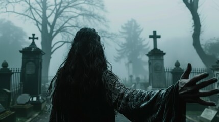 Fototapeta premium A mysterious figure with outstretched hand stands in a foggy graveyard, surrounded by tombstones and eerie atmosphere.