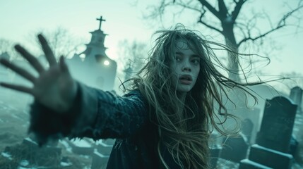 Fototapeta premium A girl with disheveled hair reaches out in a foggy graveyard, surrounded by tombstones and an eerie atmosphere.