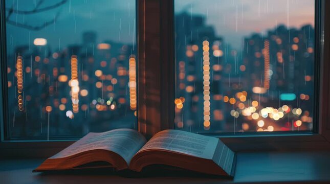 Open book resting by a window in a cozy apartment, overlooking a peaceful cityscape illuminated by glowing lights at night
 Seamless looping 4k time-lapse virtual video animation Generated AI