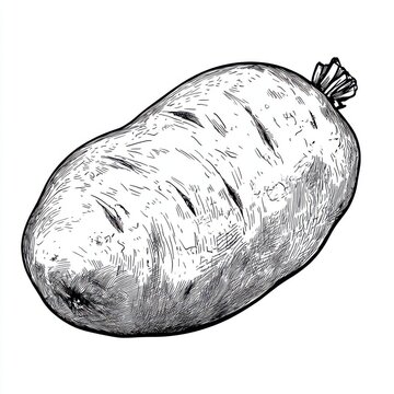 recommend clip art: Black and white Vintage engraved art of a sweet potato isolated on white background, ink sketch illustration, simple vector art design, highly detailed line art, high contrasty