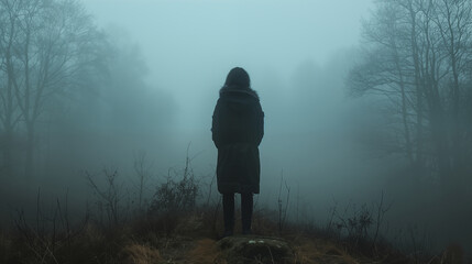 Solitary figure stands in misty forest, surrounded by bare trees and fog. Concept of loneliness, mystery and introspection.