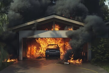 Garage engulfed in flames with black car burning inside, thick smoke billowing out creating dramatic scene of destruction. Flames lick the walls as charred remains of vehicle stand amidst chaos.