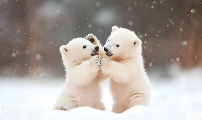 Two baby polar bears playing in the snow,  Generative AI