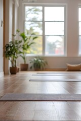 Close up of an empty bright and airy yoga studio