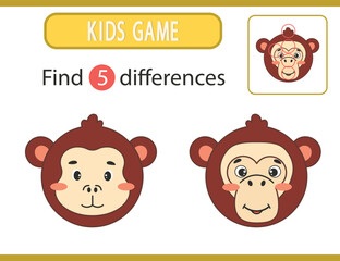 Game for children. Find differences. Chimpanzee face. Vector illustration