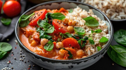 Delicious chickpea curry served with rice, garnished with fresh spinach and tomatoes, showcasing vibrant colors and textures.