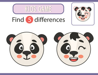 Find 5 the differences game for children. Cute kawaii panda. Printable sheet