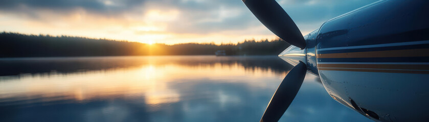 Fototapeta premium Airplane propeller reflecting in calm lake at sunrise.