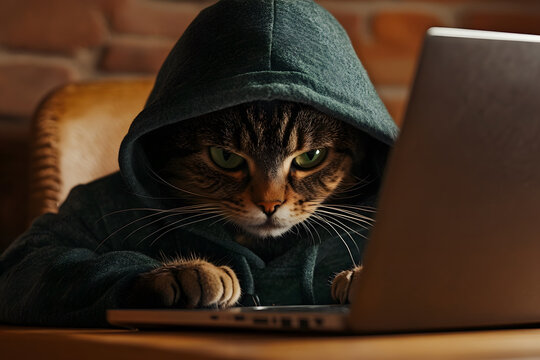 A cute cat hacker wearing a hoodie with a laptop